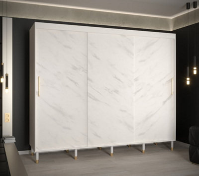 Bergen Contemporary 3 Sliding Door Wardrobe Gold Handles Marble Effect 9 Shelves 2 Rails White (H)2080mm (W)2500mm (D)620mm