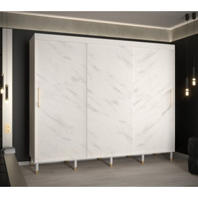 Bergen Contemporary 3 Sliding Door Wardrobe Gold Handles Marble Effect 9 Shelves 2 Rails White (H)2080mm (W)2500mm (D)620mm