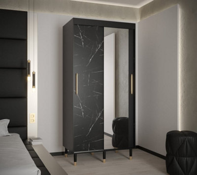 Bergen I Modern Mirrored 2 Sliding Door Wardrobe Gold Handles Marble Effect 5 Shelves 2 Rails Black (H)2080mm (W)1000mm (D)620mm