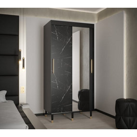 Bergen I Modern Mirrored 2 Sliding Door Wardrobe Gold Handles Marble Effect 5 Shelves 2 Rails Black (H)2080mm (W)1000mm (D)620mm