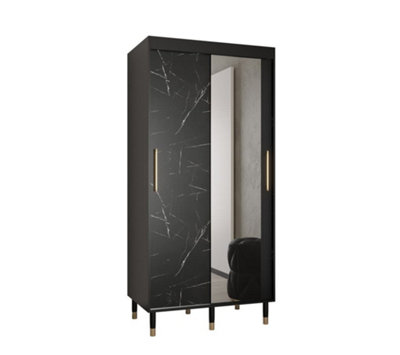 Bergen I Modern Mirrored 2 Sliding Door Wardrobe Gold Handles Marble Effect 5 Shelves 2 Rails Black (H)2080mm (W)1000mm (D)620mm