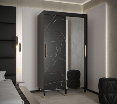 Bergen I Modern Mirrored 2 Sliding Door Wardrobe Gold Handles Marble Effect 5 Shelves 2 Rails Black (H)2080mm (W)1200mm (D)620mm