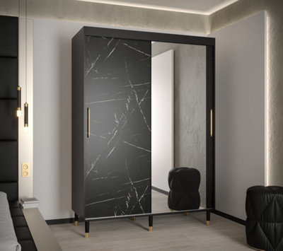 Bergen I Modern Mirrored 2 Sliding Door Wardrobe Gold Handles Marble Effect 5 Shelves 2 Rails Black (H)2080mm (W)1500mm (D)620mm