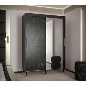 Bergen I Modern Mirrored 2 Sliding Door Wardrobe Gold Handles Marble Effect 5 Shelves 2 Rails Black (H)2080mm (W)1500mm (D)620mm