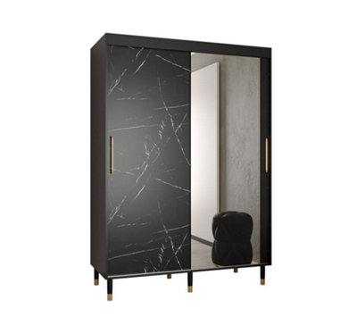 Bergen I Modern Mirrored 2 Sliding Door Wardrobe Gold Handles Marble Effect 5 Shelves 2 Rails Black (H)2080mm (W)1500mm (D)620mm