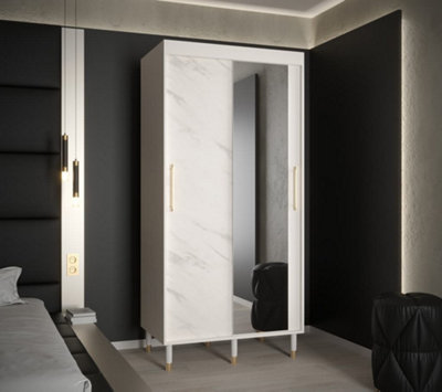 Bergen I Modern Mirrored 2 Sliding Door Wardrobe Gold Handles Marble Effect 5 Shelves 2 Rails White (H)2080mm (W)1000mm (D)620mm