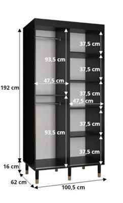 Bergen I Modern Mirrored 2 Sliding Door Wardrobe Gold Handles Marble Effect 5 Shelves 2 Rails White (H)2080mm (W)1000mm (D)620mm