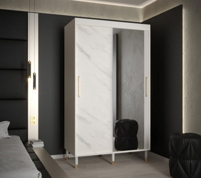 Bergen I Modern Mirrored 2 Sliding Door Wardrobe Gold Handles Marble Effect 5 Shelves 2 Rails White (H)2080mm (W)1200mm (D)620mm