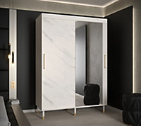 Bergen I Modern Mirrored 2 Sliding Door Wardrobe Gold Handles Marble Effect 5 Shelves 2 Rails White (H)2080mm (W)1500mm (D)620mm