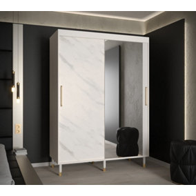 Bergen I Modern Mirrored 2 Sliding Door Wardrobe Gold Handles Marble Effect 5 Shelves 2 Rails White (H)2080mm (W)1500mm (D)620mm
