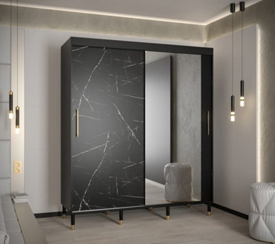 Bergen I Modern Mirrored 2 Sliding Door Wardrobe Gold Handles Marble Effect 9 Shelves 2 Rails Black (H)2080mm (W)1800mm (D)620mm