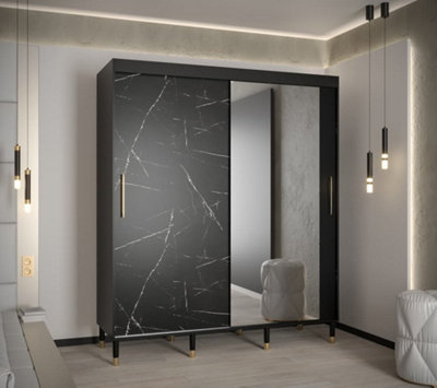 Bergen I Modern Mirrored 2 Sliding Door Wardrobe Gold Handles Marble Effect 9 Shelves 2 Rails