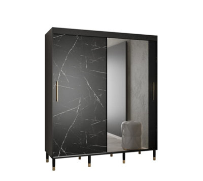 Bergen I Modern Mirrored 2 Sliding Door Wardrobe Gold Handles Marble Effect 9 Shelves 2 Rails Black (H)2080mm (W)1800mm (D)620mm