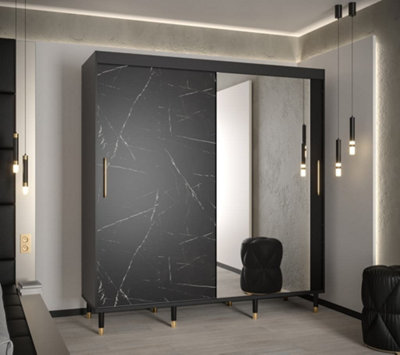 Bergen I Modern Mirrored 2 Sliding Door Wardrobe Gold Handles Marble Effect 9 Shelves 2 Rails Black (H)2080mm (W)2000mm (D)620mm