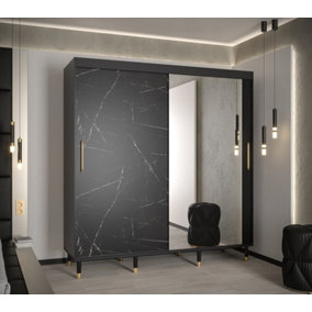 Bergen I Modern Mirrored 2 Sliding Door Wardrobe Gold Handles Marble Effect 9 Shelves 2 Rails Black (H)2080mm (W)2000mm (D)620mm
