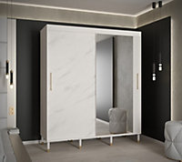 Bergen I Modern Mirrored 2 Sliding Door Wardrobe Gold Handles Marble Effect 9 Shelves 2 Rails White (H)2080mm (W)1800mm (D)620mm