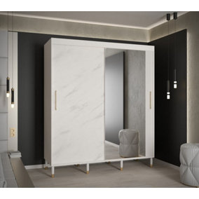 Bergen I Modern Mirrored 2 Sliding Door Wardrobe Gold Handles Marble Effect 9 Shelves 2 Rails White (H)2080mm (W)1800mm (D)620mm