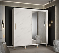 Bergen I Modern Mirrored 2 Sliding Door Wardrobe Gold Handles Marble Effect 9 Shelves 2 Rails White (H)2080mm (W)2000mm (D)620mm