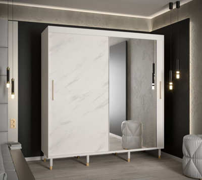 Bergen I Modern Mirrored 2 Sliding Door Wardrobe Gold Handles Marble Effect 9 Shelves 2 Rails White (H)2080mm (W)2000mm (D)620mm