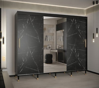 Bergen I Modern Mirrored 3 Sliding Door Wardrobe Gold Handles Marble Effect 9 Shelves 2 Rails Black (H)2080mm (W)2500mm (D)620mm