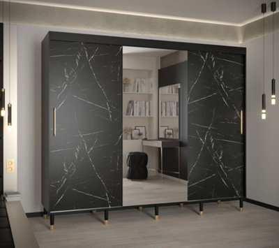 Bergen I Modern Mirrored 3 Sliding Door Wardrobe Gold Handles Marble Effect 9 Shelves 2 Rails Black (H)2080mm (W)2500mm (D)620mm