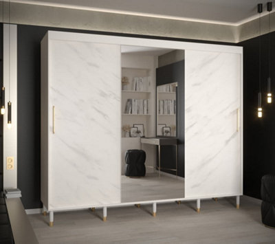 Bergen I Modern Mirrored 3 Sliding Door Wardrobe Gold Handles Marble Effect 9 Shelves 2 Rails White (H)2080mm (W)2500mm (D)620mm