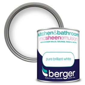Berger Kitchen & Bathroom Mid Sheen Paint Brilliant White - 1L
