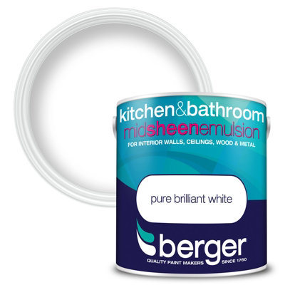 Berger Kitchen & Bathroom Mid Sheen Paint Brilliant White 2.5L