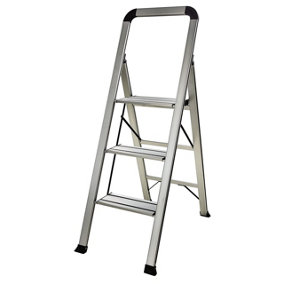 Bergman Slimline Step Ladder - 3 Step Aluminium Folding Ladder with Non-Slip Steps and Handrail - Measures H119 x W45cm