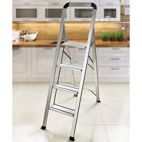Bergman Slimline Step Ladder - 4 Step Aluminium Folding Ladder with Non-Slip Steps and Handrail - Measures H143 x W45.3cm