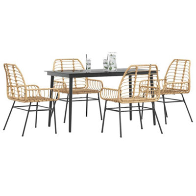 Berkfield 5 Piece Garden Dining Set Brown Poly Rattan Glass
