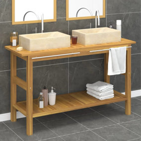 Berkfield Bathroom Vanity Cabinet with Cream Marble Sinks Solid Wood Teak
