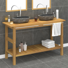 Berkfield Bathroom Vanity Cabinet with River Stone Sinks Solid Wood Teak