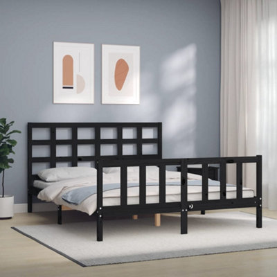 Berkfield Bed Frame with Headboard Black King Size Solid Wood