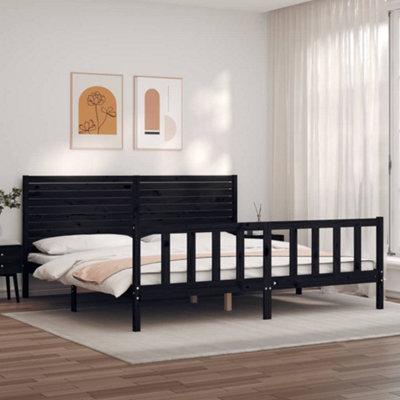 Berkfield Bed Frame with Headboard Black Super King Size Solid Wood ...