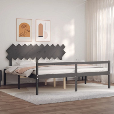 Berkfield Bed Frame with Headboard Grey 200x200 cm Solid Wood | DIY at B&Q
