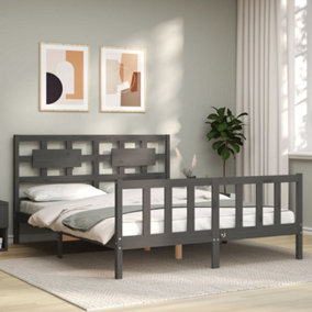 Berkfield Bed Frame with Headboard Grey King Size Solid Wood