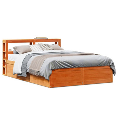 Berkfield Bed Frame with Headboard Wax Brown 135x190 cm Double Solid ...