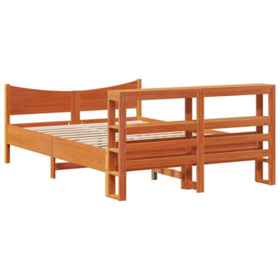 Berkfield Bed Frame with Headboard Wax Brown 135x190 cm Double Solid ...