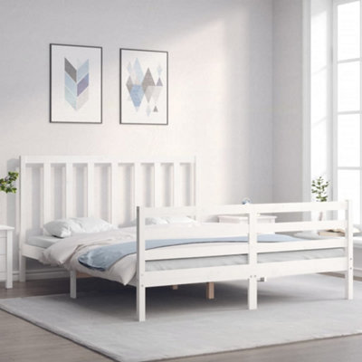 Berkfield Bed Frame with Headboard White King Size Solid Wood | DIY at B&Q