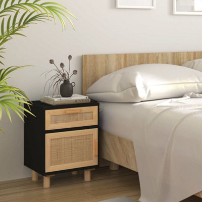 Berkfield Bedside Cabinet Black Solid Wood Pine and Natural Rattan