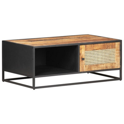 Berkfield Coffee Table 90x50x35 cm Rough Mango Wood and Natural Cane