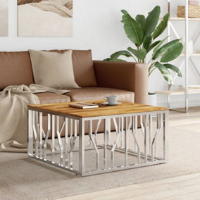 Berkfield Coffee Table Silver Stainless Steel and Solid Wood Acacia
