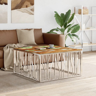 Berkfield Coffee Table Silver Stainless Steel and Solid Wood Acacia