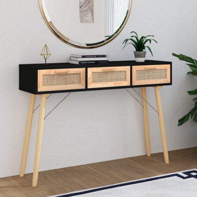 Berkfield Console Table Black 105x30x75 cm Solid Wood Pine&Natural Rattan