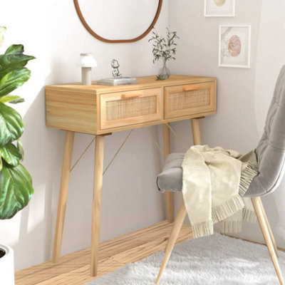 Berkfield Console Table Brown 80x30x75 cm Solid Wood Pine&Natural Rattan