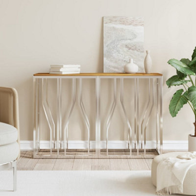 Berkfield Console Table Silver Stainless Steel and Solid Wood Acacia
