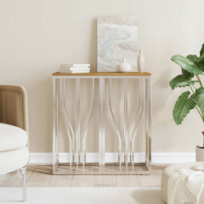 Berkfield Console Table Silver Stainless Steel and Solid Wood Acacia