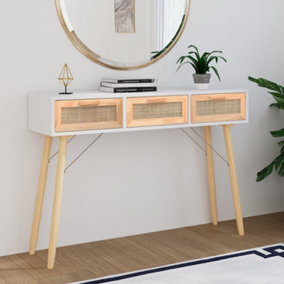 Berkfield Console Table White 105x30x75 cm Solid Wood Pine&Natural Rattan
