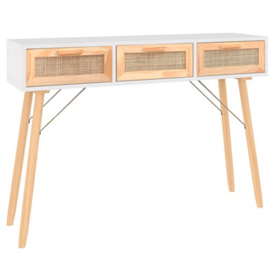 Berkfield Console Table White 105x30x75 cm Solid Wood Pine&Natural Rattan